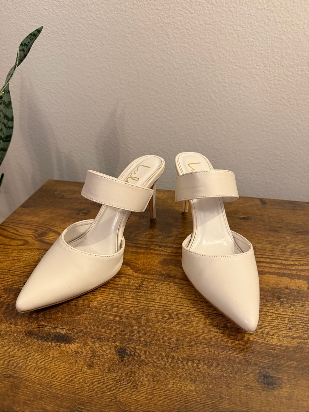 Lulu's Cream Pointed Mule Heels with Wide Strap